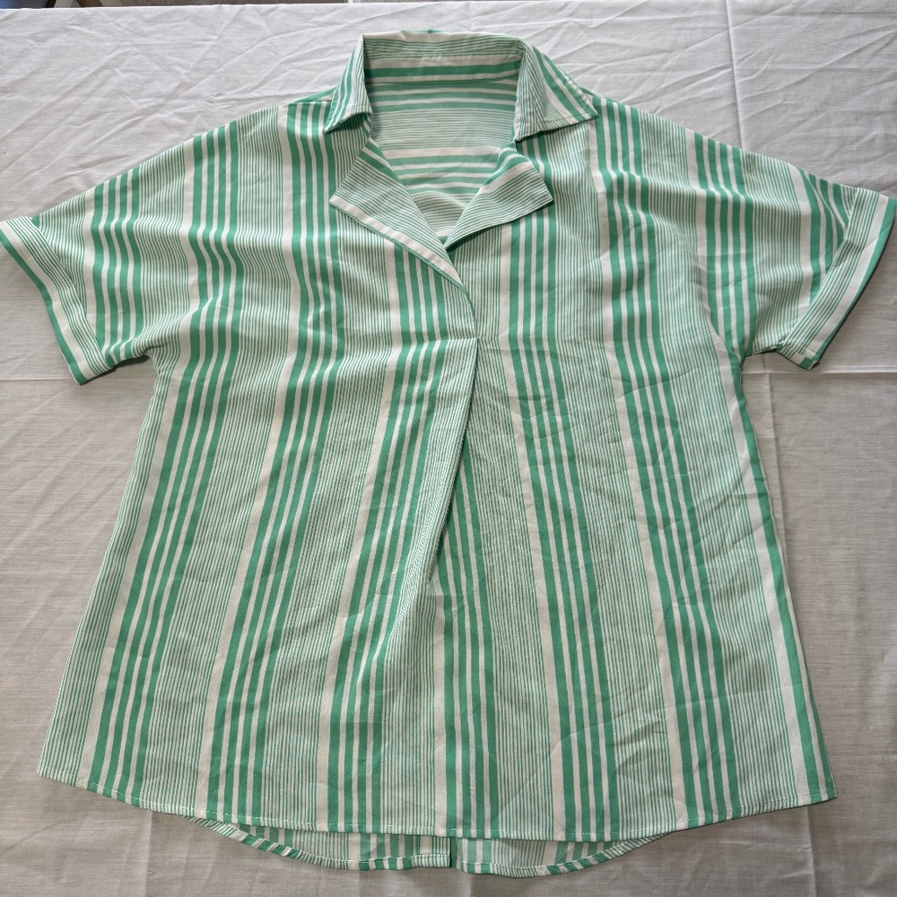 plaid woman green stripes polo blouse with collar plus woman size